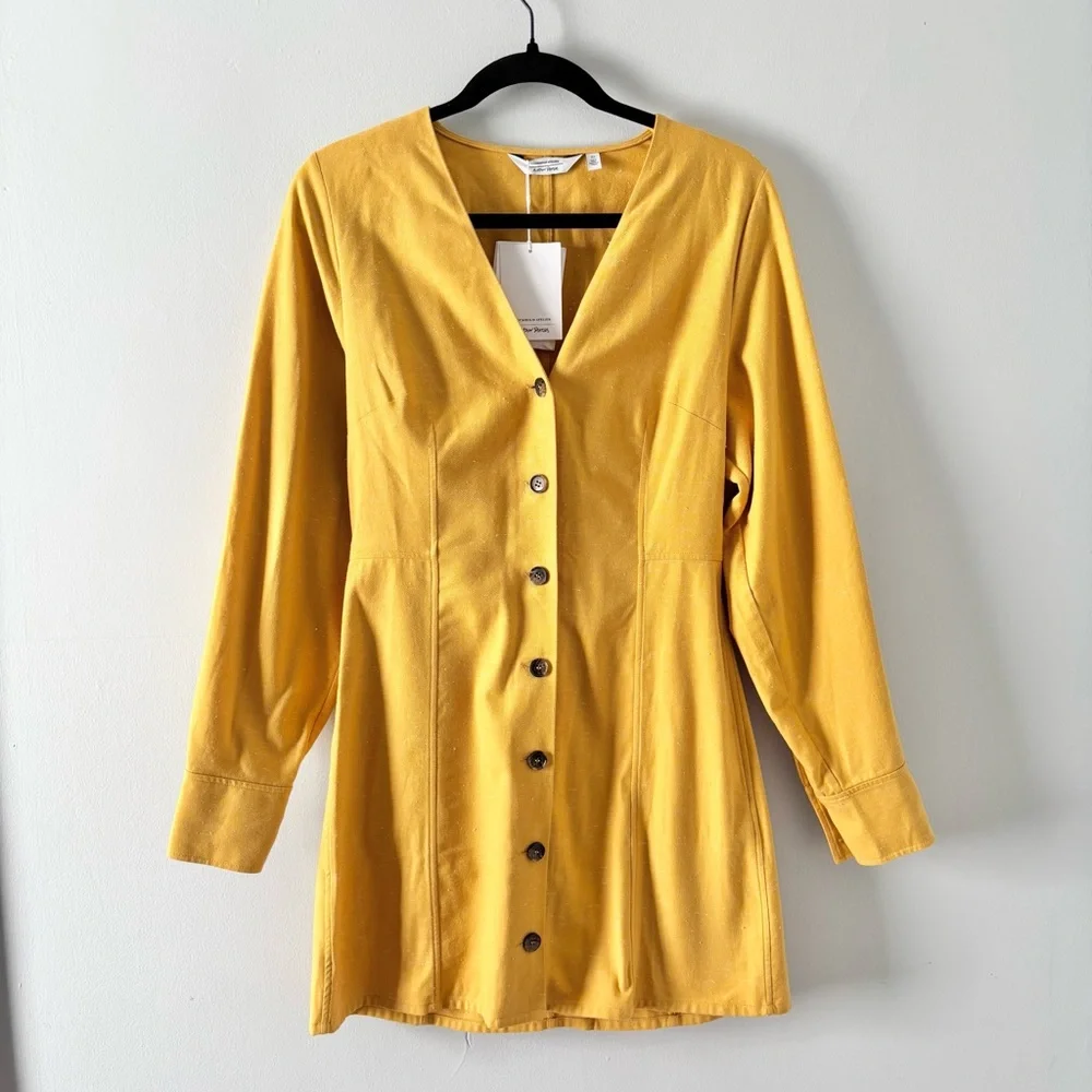 & Other Stories NWT Tailored Puff Sleeve Mini Dress V-Neck Structured Yellow - Picture 2 of 6
